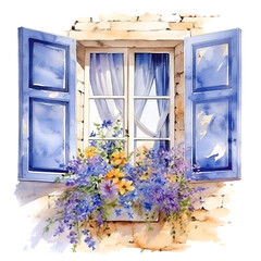 Watercolor
 blue window provence with flowers illustration. Generative AI, png image.