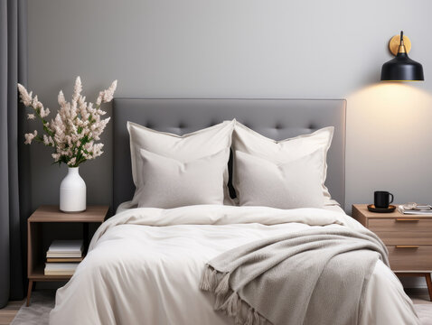 Mockup poster frame in modern bedroom Scandinavian, Mockups Design 3D, High-quality Mockups, Generative Ai