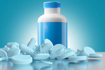 Antibiotic tablets. Pile of painkillers on table. Plastic packaging for antibiotics. Pharmaceutical industry. Antibiotics to fight infection. Tablets against viruses. Analgin, aspirin. 3d image