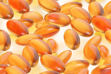 Fish fat. Omega 3 vitamins. Background from yellow capsules. Texture with vitamins D3. Medications containing omega substances. Pattern for ads D3 vitamin. Cholecalciferol, ergocalciferol. 3d image