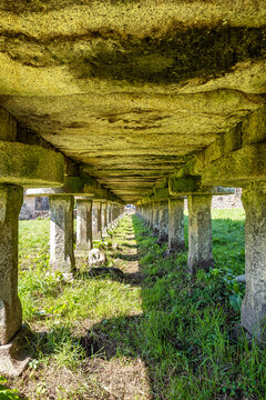 The long and narrow grain store, horreo at Carnota in Galicia, Spain.