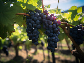 Fototapeta premium Fresh grapes on the tree in the vineyard. A sunny morning. The grapes are ready to be harvested.