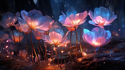 Surreal night jungle with luminescent plants and flowers. Wonderful fantasy magical bioluminescent flowers. 3D rendering. Flowers glow in the dark 3d wallpaper. Floral background. Generative ai.