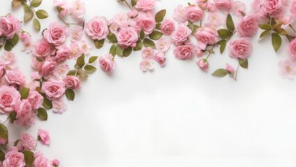 Decorative web banner. Close up of blooming pink roses flowers and petals isolated on white table background. Floral frame composition. Empty space, flat lay, top view