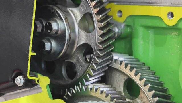 Rotating Gears at Diesel Truck Engine Motor Close up