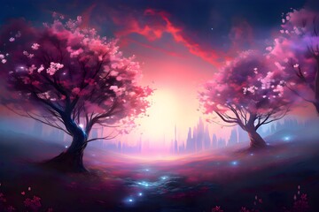 Fototapeta na wymiar Tranquil Blossom Landscape. Beautiful blossom forest starry night sky. Colorful cherry blossom painting. Aurora Borealis and Nebulas.