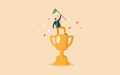 Victory or business achievement, cheerful businessman winner raising flag on winning trophy, flat vector illustration.