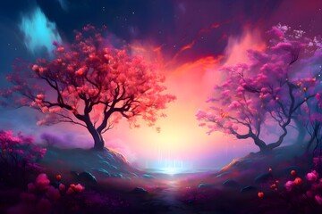 Obraz na płótnie Canvas Tranquil Blossom Landscape. Beautiful blossom forest starry night sky. Colorful cherry blossom painting. Aurora Borealis and Nebulas.
