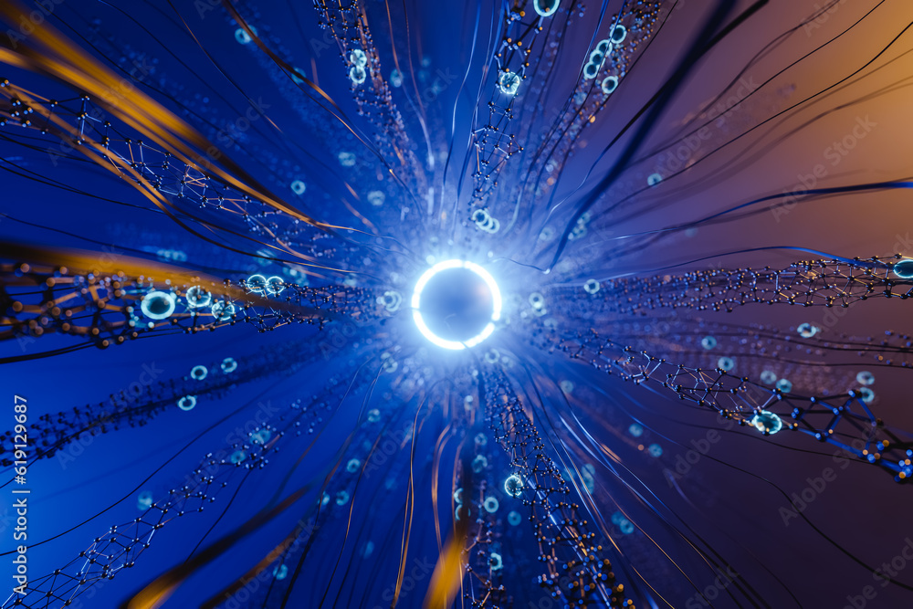 Poster 3d render virtual network with glowing center.