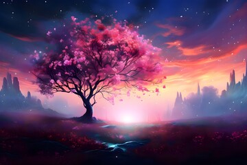 Tranquil Blossom Landscape. Beautiful blossom forest starry night sky. Colorful cherry blossom painting. Aurora Borealis and Nebulas.
