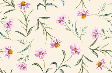 Vintage floral seamless pattern. Watercolor small meadow flowers background in pastel colors. Print for textile, home decor, wallpaper, gift wrap.
