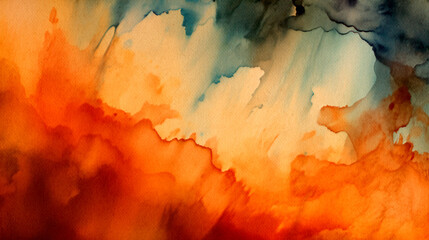 Abstract Artistic Blend of Warm Orange and Cool Blue Tones, Moody Watercolor Wash Painting on Paper Texture