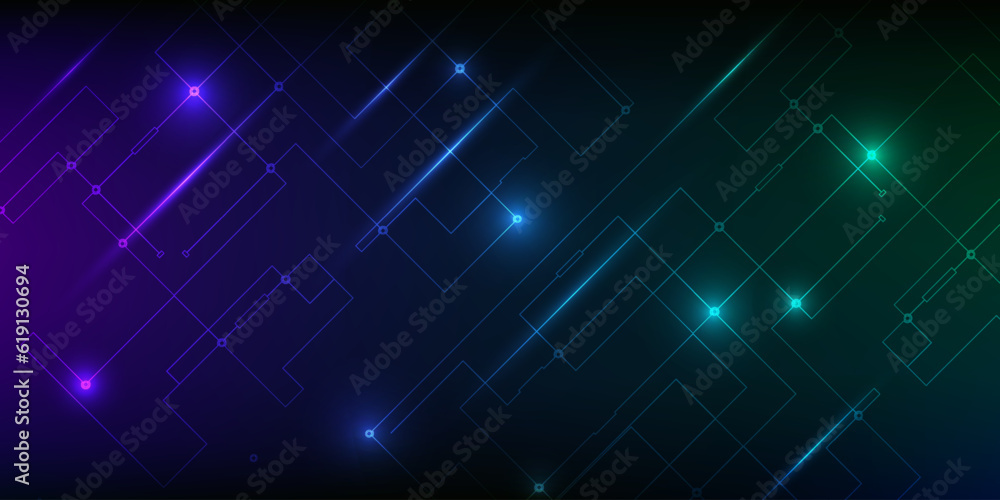 Poster vector illustrations of abstract blue and purple digital hi tech background with glowing horizontal 