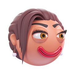 Emoji slightly smiling face of glamour woman. Cartoon smiley on transparent background. 3D render left view
