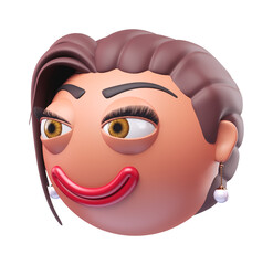 Emoji slightly smiling face of glamour woman. Cartoon smiley on transparent background. 3D render right view