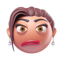 Emoji confused face of glamour woman. Cartoon smiley on transparent background. 3D render front view
