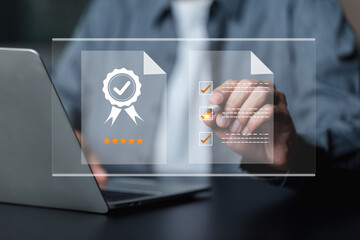 businessman working with computers service Quality assurance, Guarantee, Standards, ISO .	