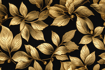 Nahtlos wiederholendes Muster - Textur von goldenen Blättern Laub auf schwarzen Hintergrund