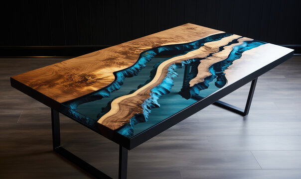 Custom made table. Epoxy river table. hand edited, Generative AI. 