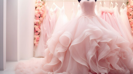 Closeup pink wedding dress in bridal salon room background. Banner. Front view of stylish dress for wedding day. Beautiful clothes for bride. Copy Space.