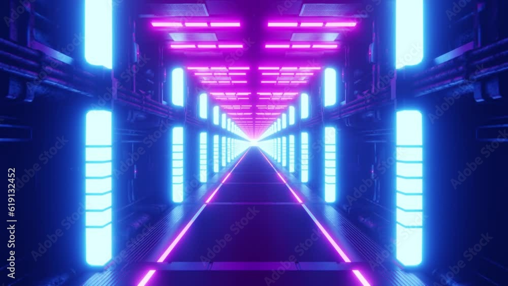 Poster illuminated hallway of futuristic spaceship. 3d infinite loop