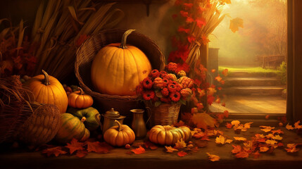 Naklejka na ściany i meble Pumpkin, Squash. Happy Thanksgiving Day wooden Table Background