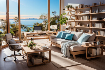 Fototapeta premium modern living room with sea view from the window,generative ai