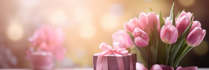 Beautiful floral background with fresh spring tulip flowers and copy space. Panoramic banner or header. Selective focus bokeh effect. Generated with AI.