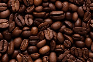 Obraz premium Seamless pattern with close up coffee beans, horizontal banner with endless texture. Aroma beverage. Generated with AI.