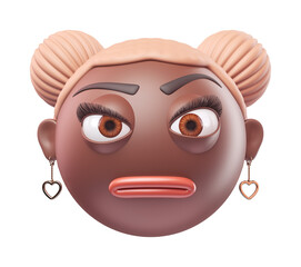Emoji face with raised eyebrow of glamour black african american woman. Cartoon smiley on transparent background. 3D render front view