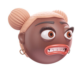 Emoji grimacing face of glamour black african american woman. Cartoon smiley on transparent background. 3D render left view