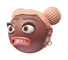 Emoji grimacing face of glamour black african american woman. Cartoon smiley on transparent background. 3D render right view