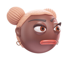 Emoji face with raised eyebrow of glamour black african american woman. Cartoon smiley on transparent background. 3D render left view