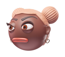 Emoji face with raised eyebrow of glamour black african american woman. Cartoon smiley on transparent background. 3D render right view