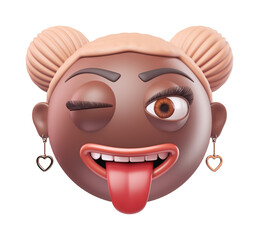 Emoji winking face with tongue of glamour black african american woman. Cartoon smiley on transparent background. 3D render front view