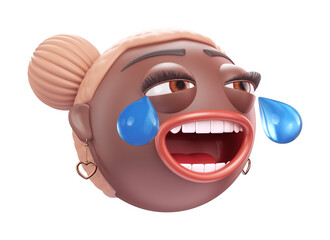 Emoji face with tears of joy of glamour black african american woman. Cartoon smiley on transparent background. 3D render left view