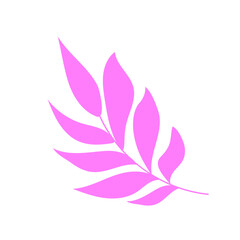 Icon abstract pink twig with long leaves on a transparent and white background. Isolated close-up feather element for design decoration. Summer vector illustration in cartoon and flat style.