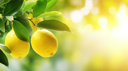 Vibrant ripe lemon citrus fruits on a branch and sunny green leaves. Outdoor nature background. Generated with AI.