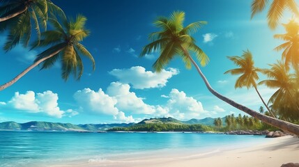 Fototapeta premium Beach background, beach landscape, tropical nature scene, palm trees and blue sky, summer vacation concept new quality universal colorful technology stock image illustration design, generative ai