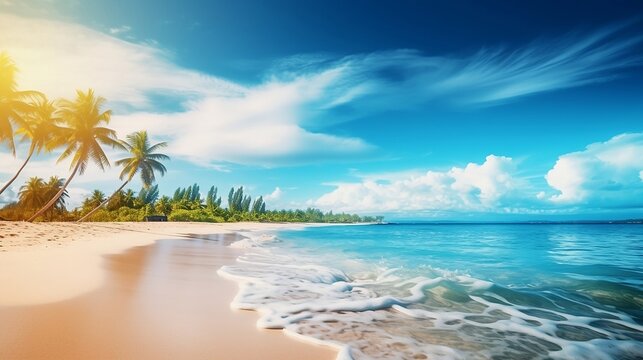 Beach background, beach landscape, tropical nature scene, palm trees and blue sky, summer vacation concept new quality universal colorful technology stock image illustration design, generative ai