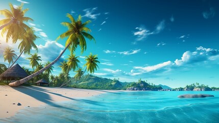 Fototapeta na wymiar Beach background, beach landscape, tropical nature scene, palm trees and blue sky, summer vacation concept new quality universal colorful technology stock image illustration design, generative ai