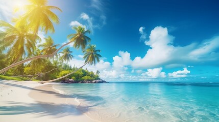 Obraz na płótnie Canvas Beach background, beach landscape, tropical nature scene, palm trees and blue sky, summer vacation concept new quality universal colorful technology stock image illustration design, generative ai