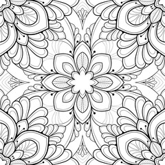 Stylized mandala with floral patterns and henna elements on a white isolated background. For coloring book pages.