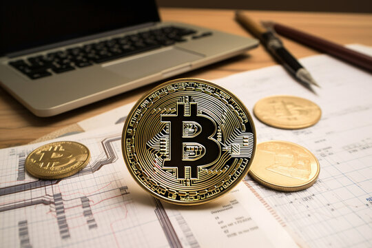 Bitcoin on table, below paper with charts. In background laptop.
