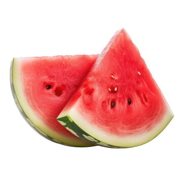 Illustration of juicy ripe sliced watermelon on transparent background. Png clip art image. Generated with AI.