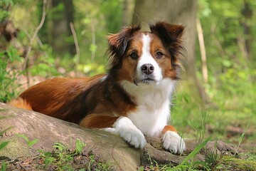 portrait of a cute brown white border collie mixed breed dog lying on a tree root in the forest