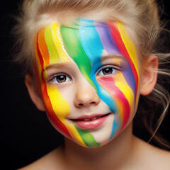 A child portrait with a painted face in the image of a rainbow. Solid isolated background. Generative AI.