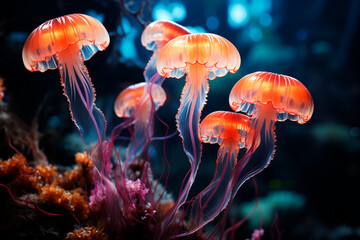 Beautiful jellyfish swimming in the aquarium. Underwater world.generative ai