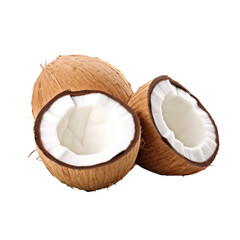 Illustration of juicy coconut isolated on transparent background. PNG clip-art image. Generated with AI.