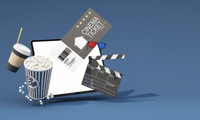 Movie time 3d render illustration. Cinema poster concept on color background. Composition with popcorn, clapperboard, 3d glasses and filmstrip. Cinema banner design for movie theater.